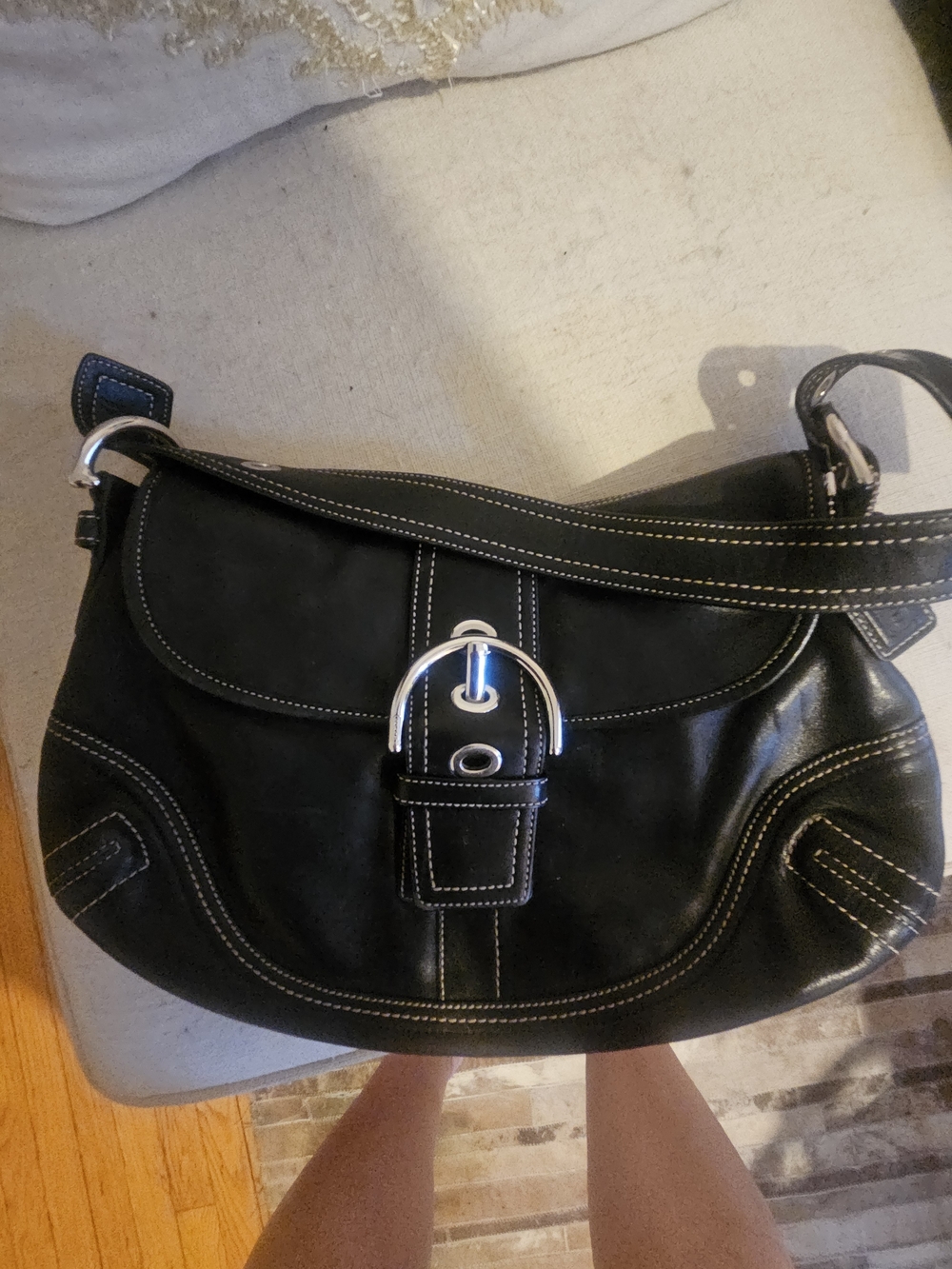 Black Leather Shoulder Bag with Contrast Stitching